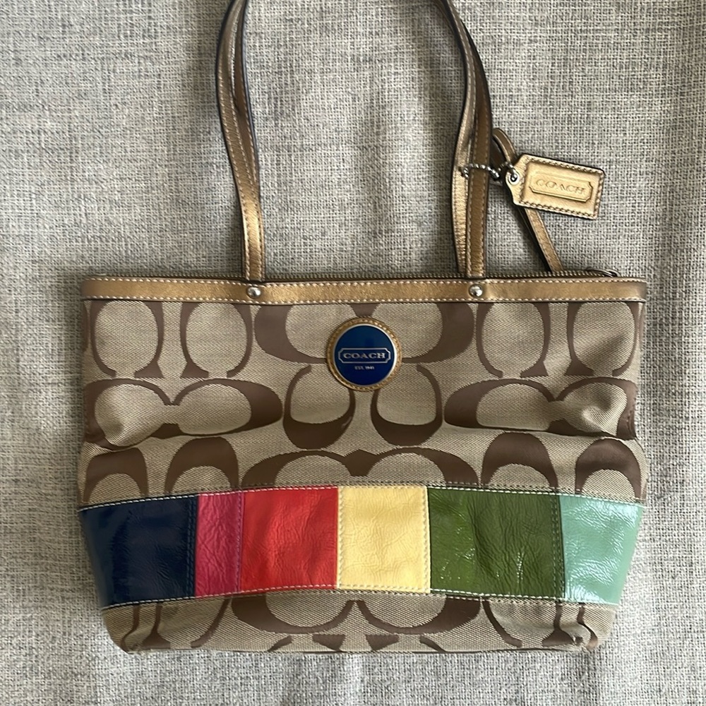 Gold and rainbow Coach Bag- canvas tote, medium size bag, genuine